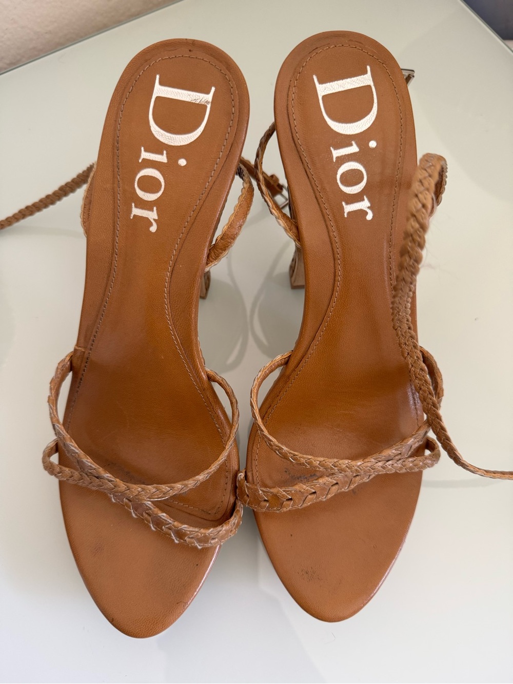 Authentic Dior Tan Braided Strap Heeled Sandals